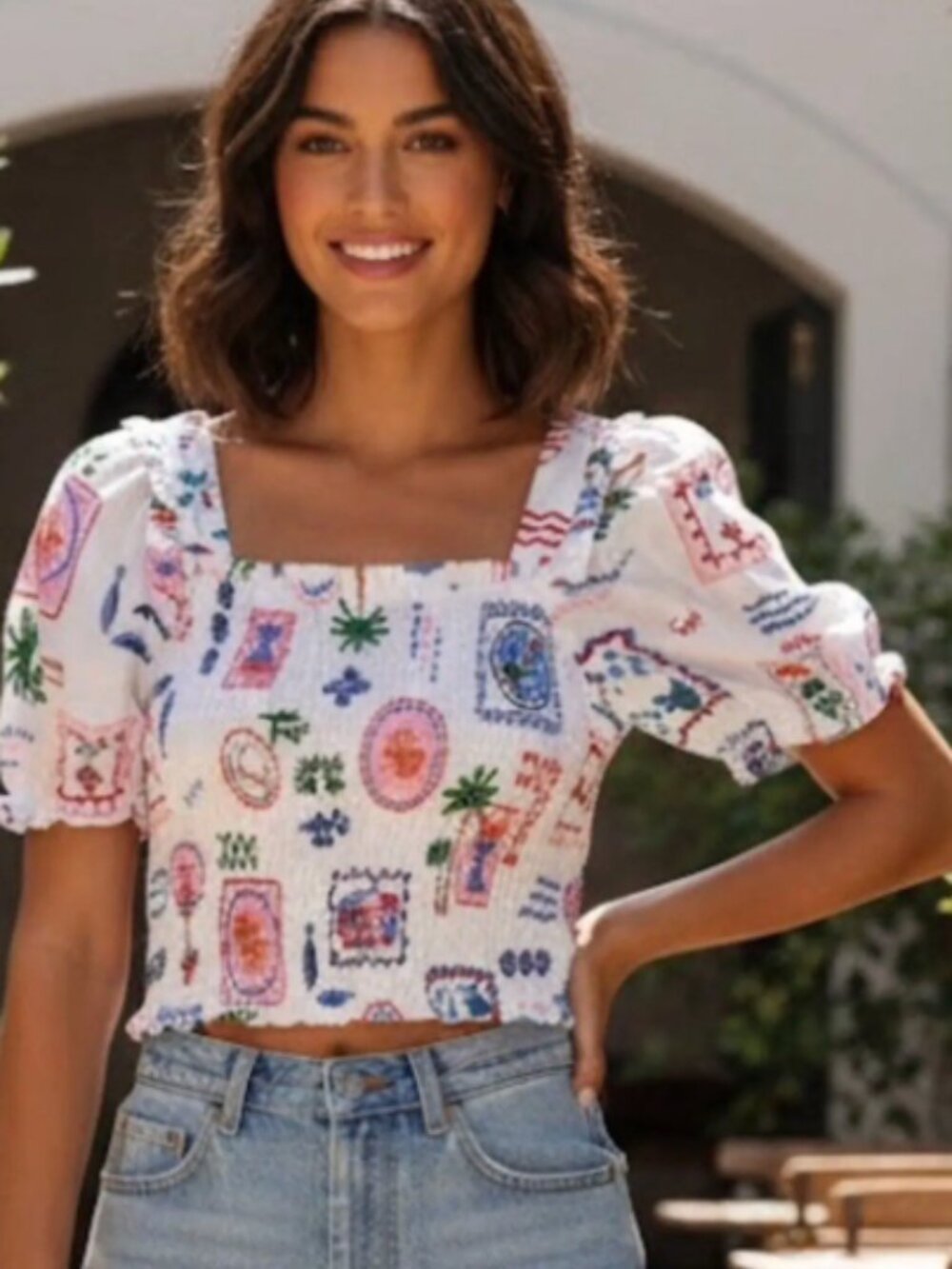 Monteau Colorful Embroidered Puff Sleeve Smocked Crop Top